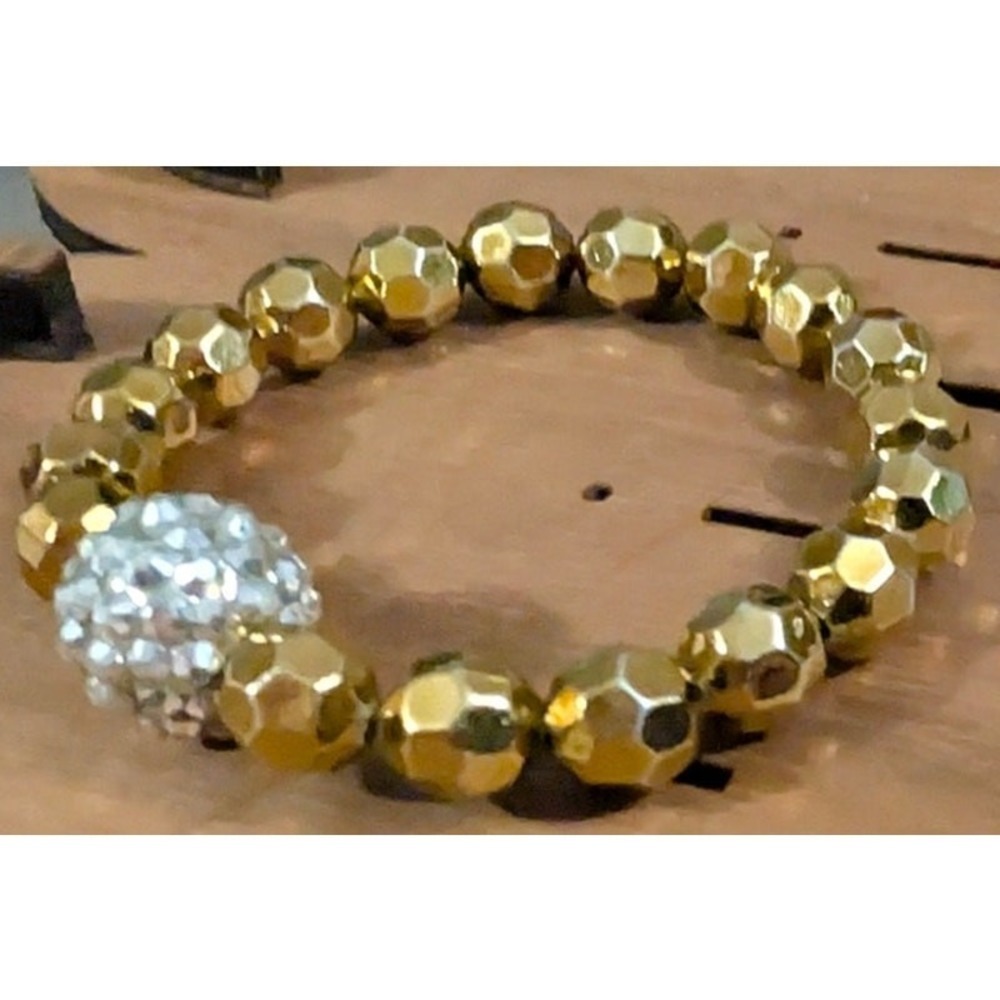 New Stretch Beaded Bracelet Gold Faceted Beads Pave Disco Ball Glam Sparkly